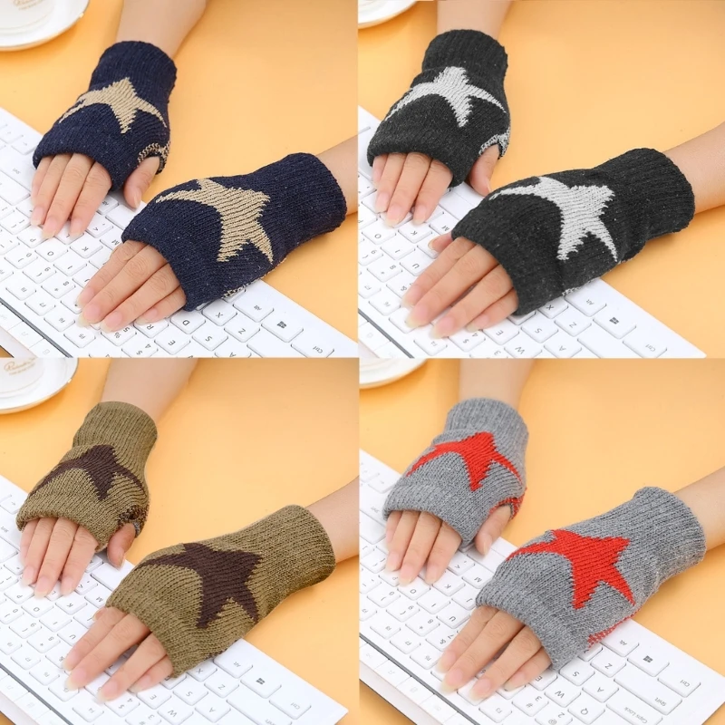 Knitted Gloves for Adult Touch Screen Mittens Male Female Winter Gloves with Pentagram Pattern Fingerless Gloves