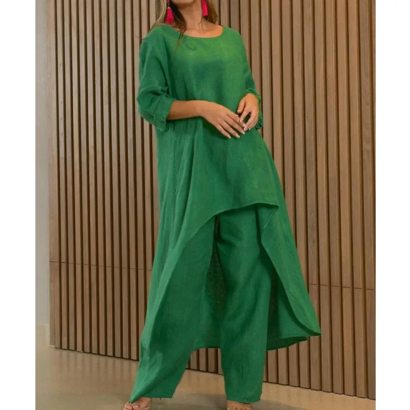 Women Autumn Two Piece Set Cotton Linen Wide Leg Pants Set Vintage Boho Shirt Dress Casual Loose Work Streetwear Y2k Suit