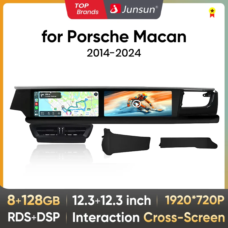 Autoradio sans fil Junsun Dual Interactive 12,3 pouces avec Carplay pour Porsche Macan 2014-2024, écran de divertissement pour copilote