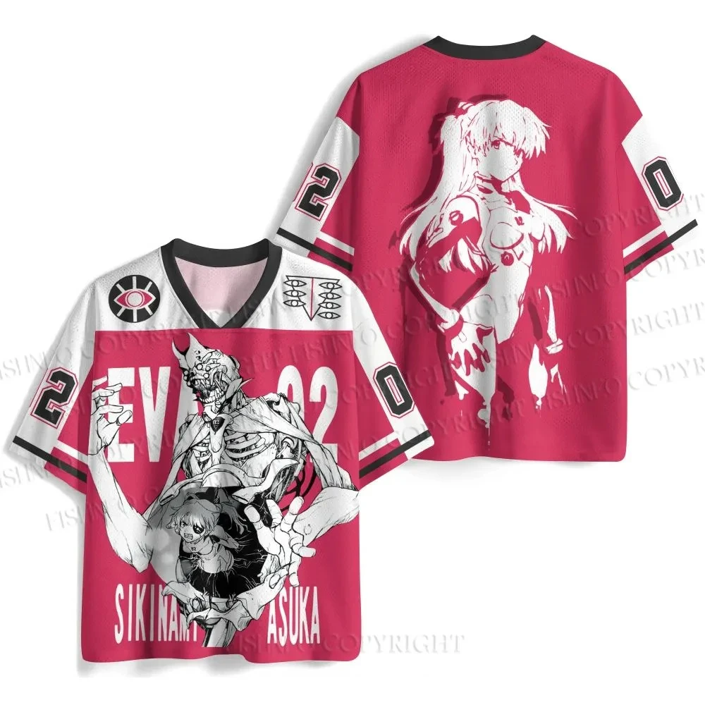 New Summer Anime Evangelion Rei Ayanami The Last Angel Print Jersey T-shirt Men Oversized Streetwear V-Neck Casual Tops