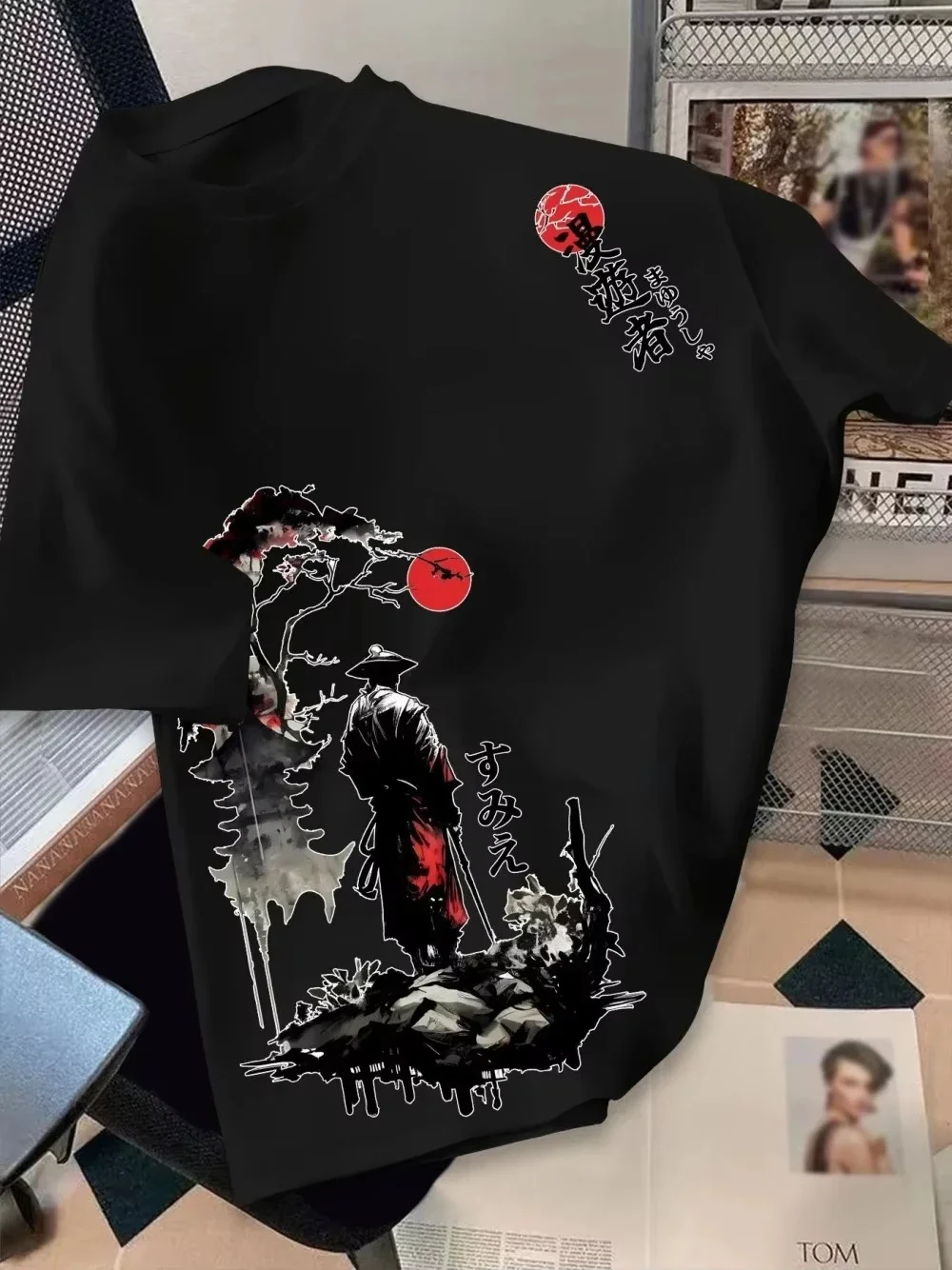 Japanese Samurai Ink Art Graphic Mens T Shirt Green Crew Neck Short Sleeve Vintage Oriental Print Casual Street Fashion Tee Top