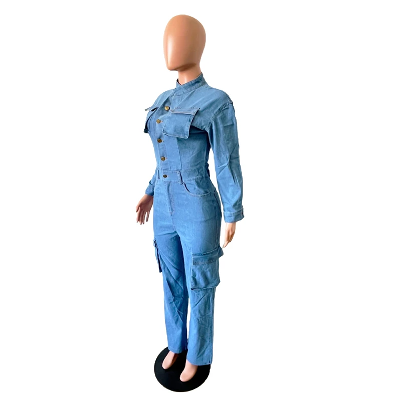 Light Blue Sleeves Cargo Pockets Elastic Long Denim Jumpsuit Women Sexy Front Open Jean Woman Overalls Loose Flare Pants Elegant