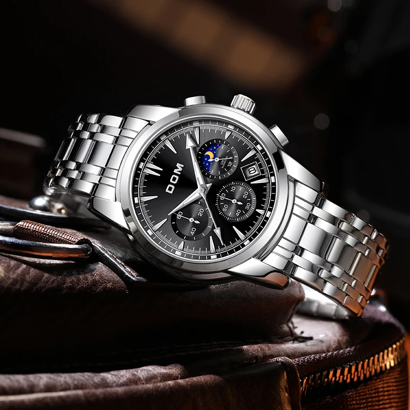 Dom 7508นาฬิกาควอทซ์ผู้ชายนาฬิกาเป็นทางการสุดหรูสีเงินกันน้ำนาฬิกาข้อมือสำหรับผู้ชายลายดวงดาวบนท้องฟ้า