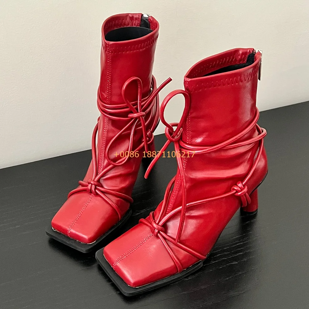 

Sexy Square Toe Strappy Short Boots 2024 Autumn New Elegant High Heel Boots Solid Color Fashion Women Office Casual Leather Boot