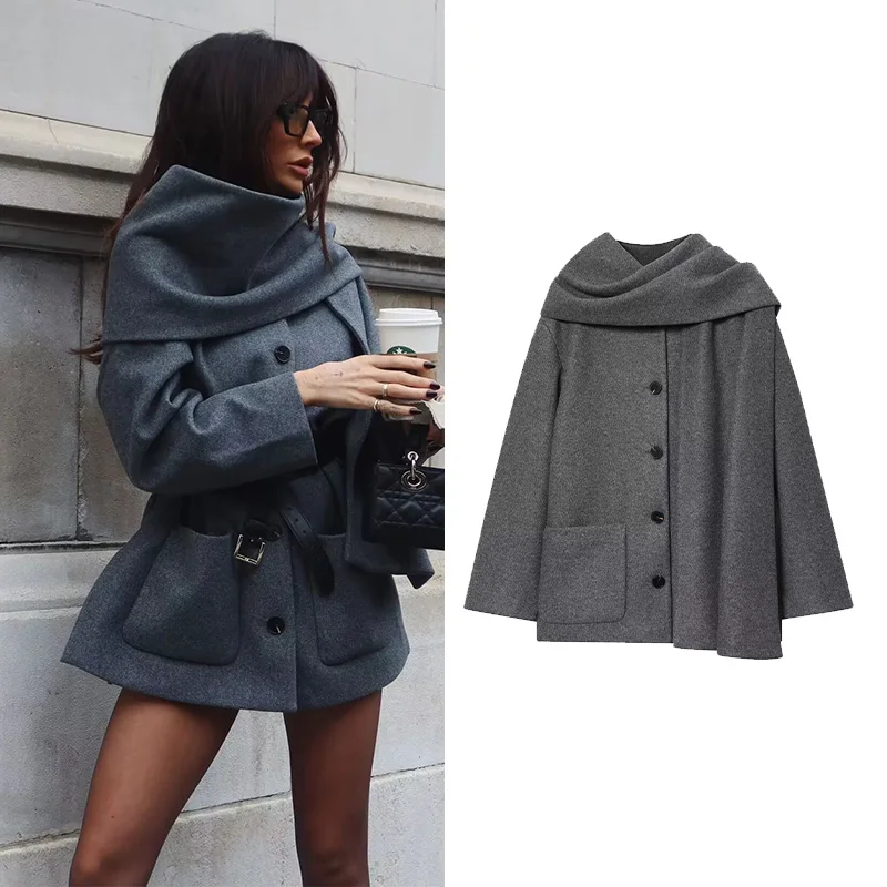 

Женская куртка HipSeam с шарфом, осенние простые женские теплые пальто с карманами на пуговицах в британском стиле, шикарные женские топы