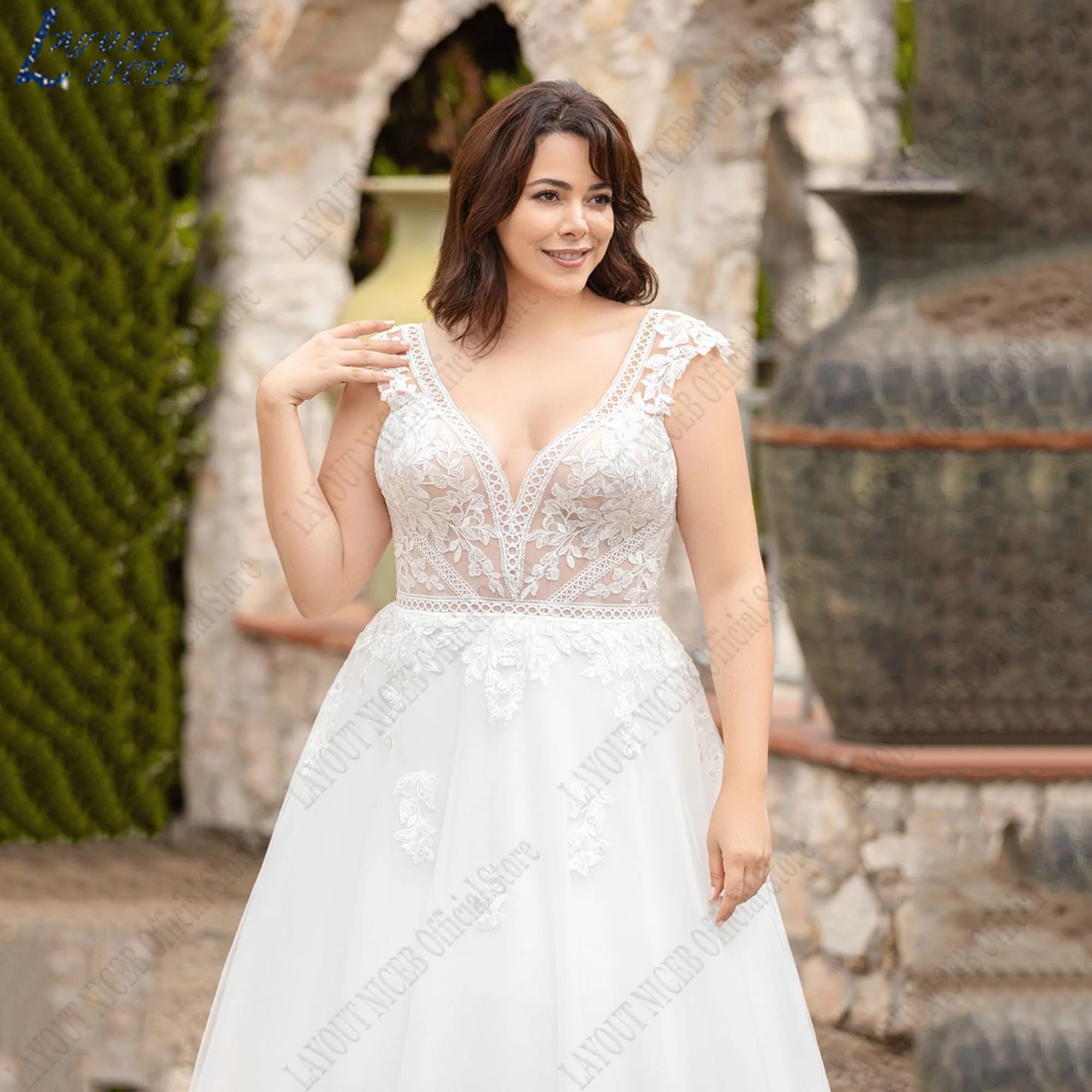 NICEB-vestido de novia sin mangas con cuello en V y espalda descubierta, traje de tul de corte en A, diseño de gran tamaño, Vestido de novia sin mangas de gran tamaño con calcomanías de cuello V y espalda expuesta vest