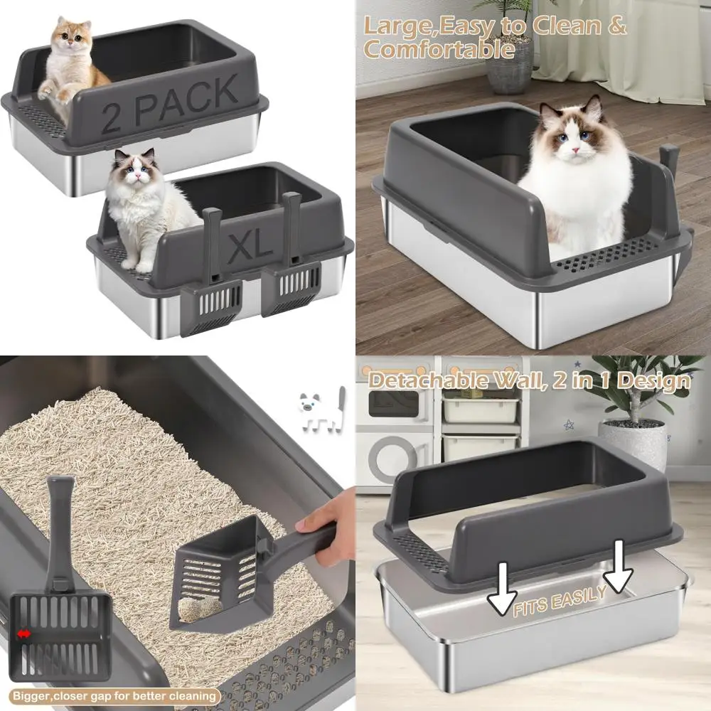 

Большой металлический высокосторонний кошачий лоток для больших кошек, 24 л x 16 Вт x 9,8 ч, открытый лоток из нержавеющей стали большой емкости, идеально подходит для L