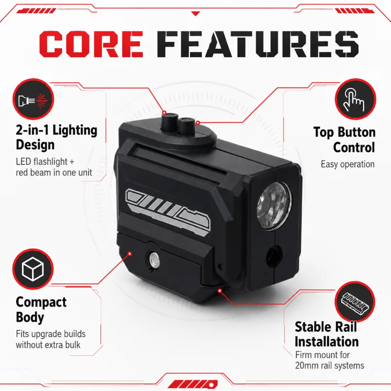2-in-1 Under Rail LED Flashlight & Red Beam Module 20mm Mount Toy Upgrade Parts Button Battery Powered Top Control Illuminator