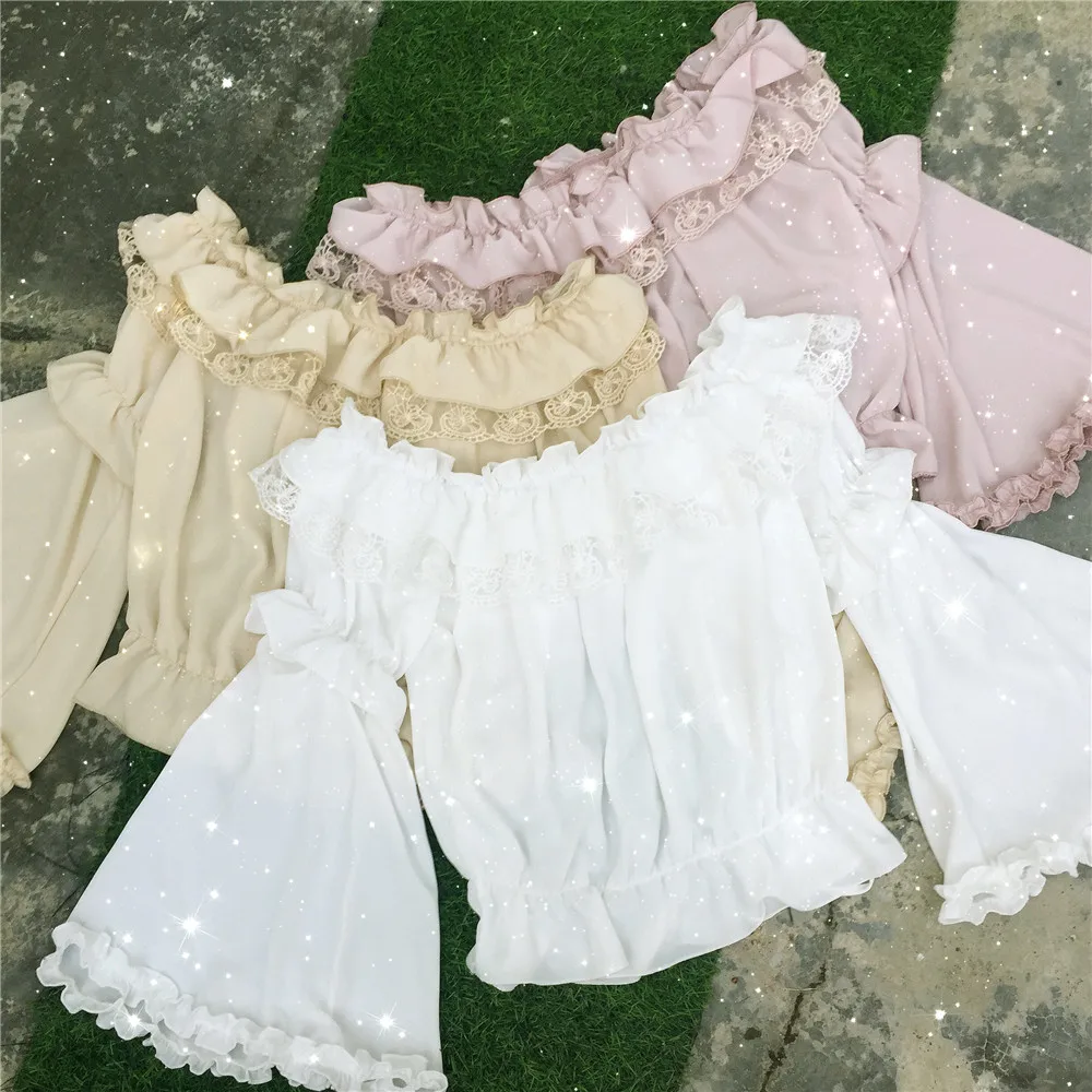 Original Spring Summer Lolita Short Sleeve Detachable Blouse Gored Sleeve Compatible with Various Styles Pure Color Chiffon Top