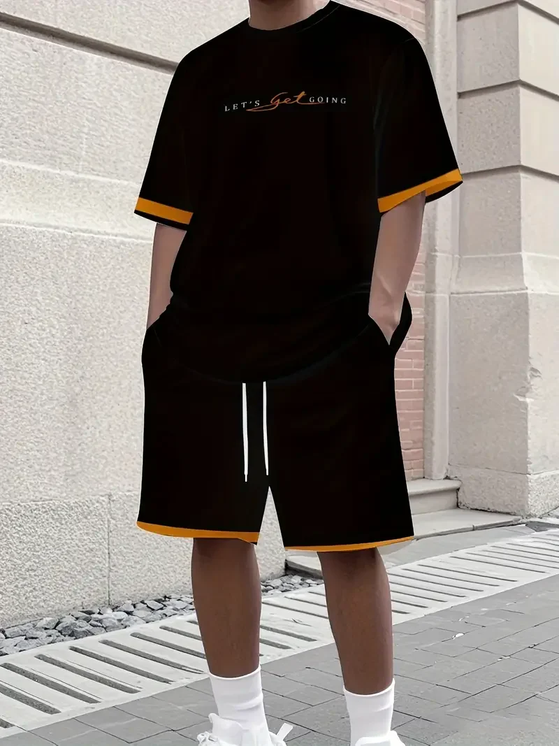 

Summer Men's Letter Print Short Sleeve T-Shirt & Shorts Set Round Neck Gradient Short Sleeved Women's T-shirt Shorts Set
