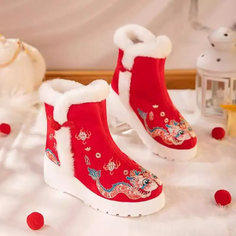 Women's Ethnic Style High Top Embroidered Cotton Boots Thick Sole Plush Warm Slip On Red New Year Boots Round Toe Snow Boots
