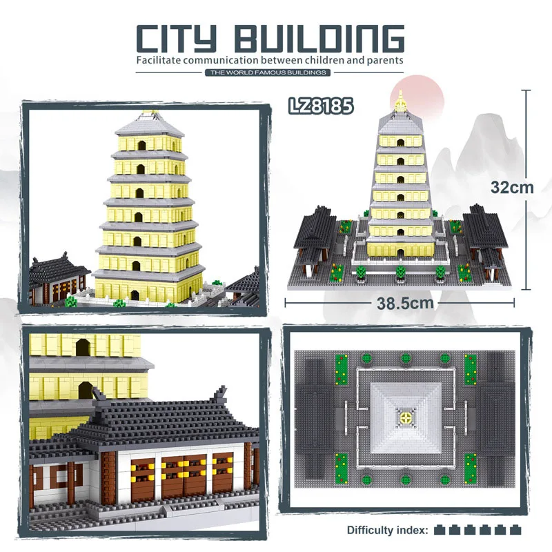 China Historical Famous Architecture Bricks Big Wild Goose Dayan Pagoda Micro Diamond Building Block Model Toys Nanobricks