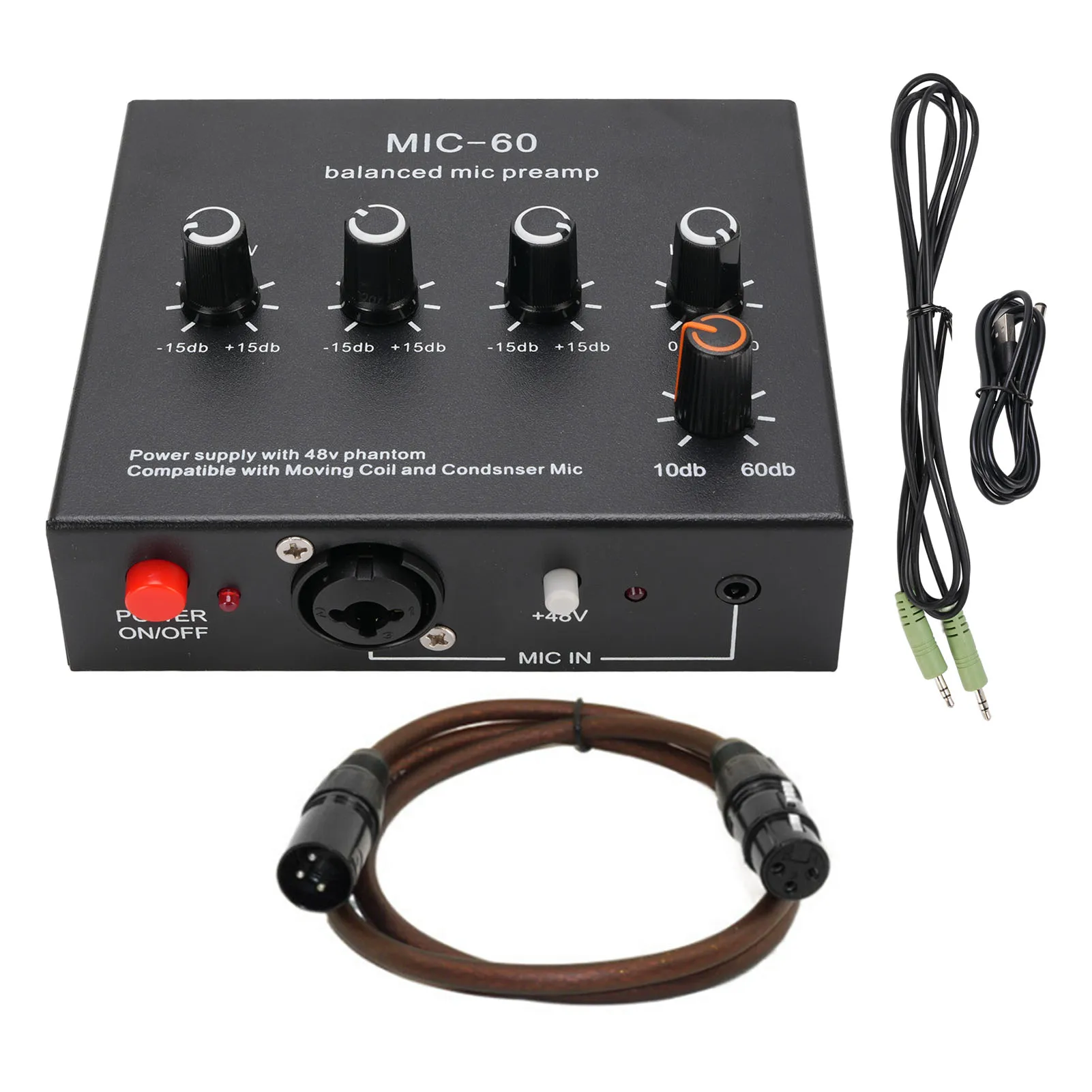Mic Preamp Microphone Preamp Mic Gain Booster 48V Power Supply Mic Pre Amp for Dynamic Condenser XLR 3.5mm 6.35mm Inputs Outputs