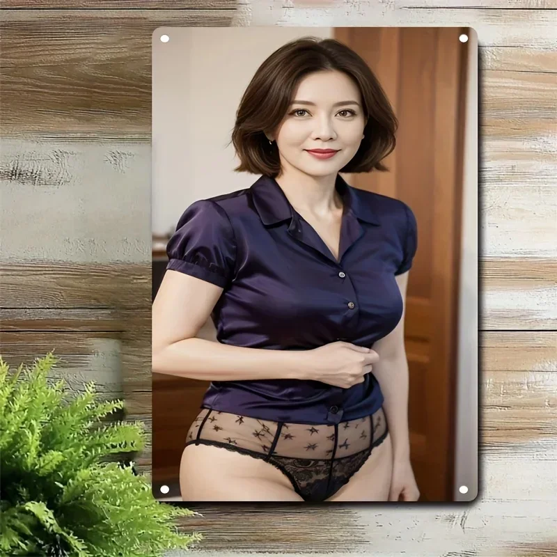 Metal Wall Art Signs - Elegant Woman Portrait with Purple Shirt, Durable Iron Decor for Home, Bar, Cafe, Bedroom - Funny Chri