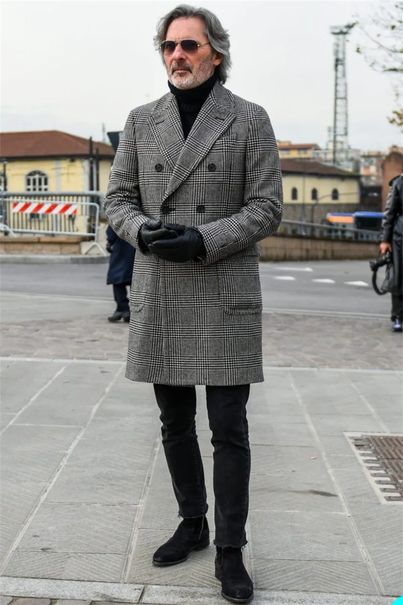 Houndstooth Men Suit Tweed Long Overcoat Custom Made Double Breasted King Coat Jacket Winter Thick Warm Casual Outfit Male