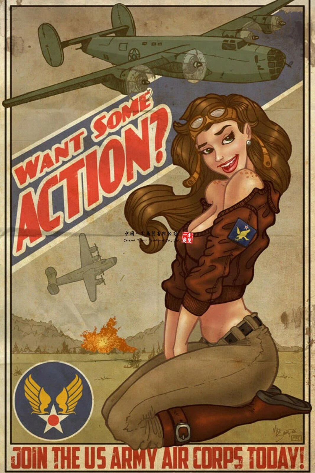 

B-24 Want Some Action Vintage Print Pinup & Airplane Art WW2 Normandy d-day sticker