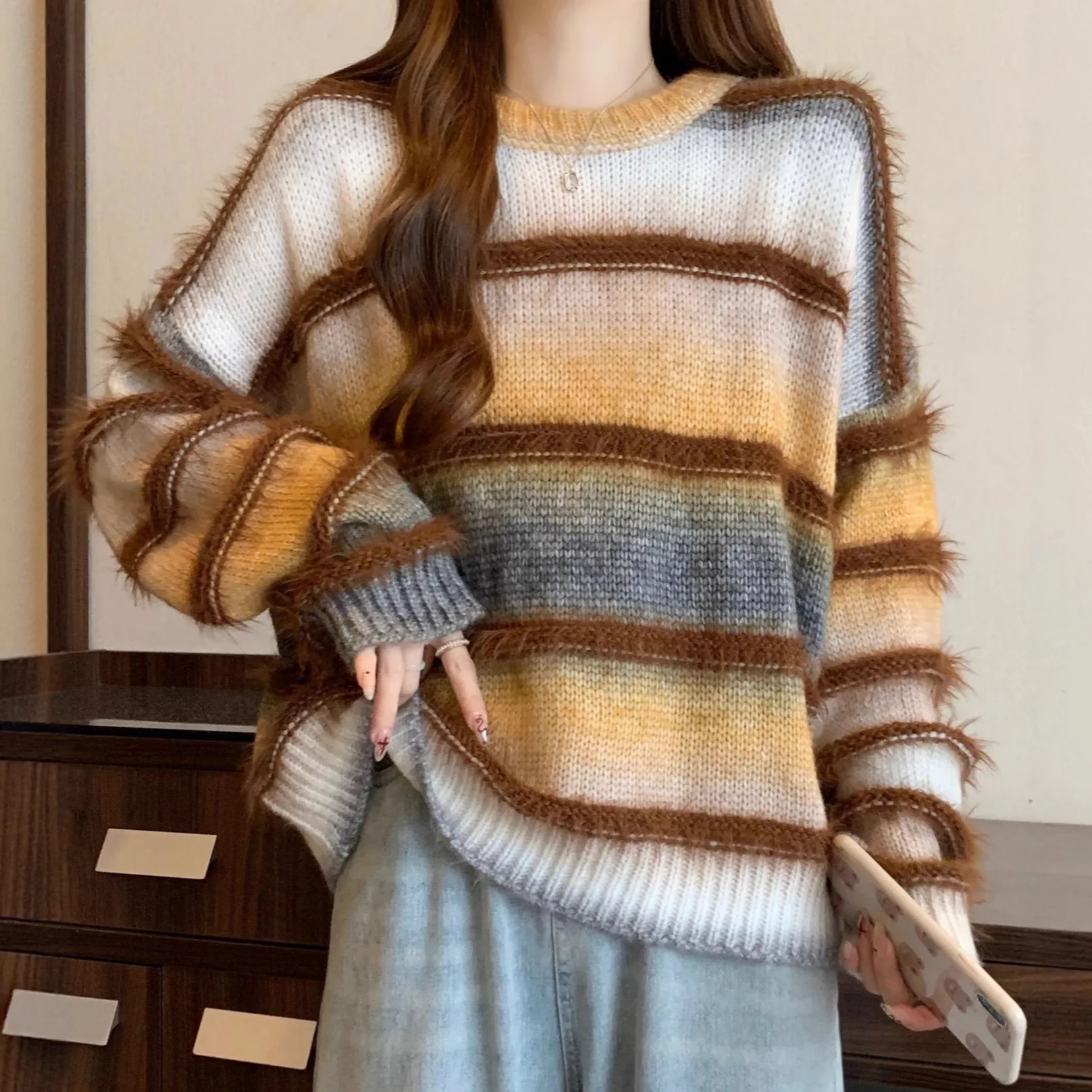 

Sweater Women Comfortable Casual Street Style Polyester Loose Gradient Color Striped Knitted Long Sleeve round Neck Pullover