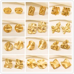 6pcs/Lot Real Gold Plated Irregular Geometry Of Folds Stainless Steel Earrings For Women Men Accessories Piercing Ear Studs Gift