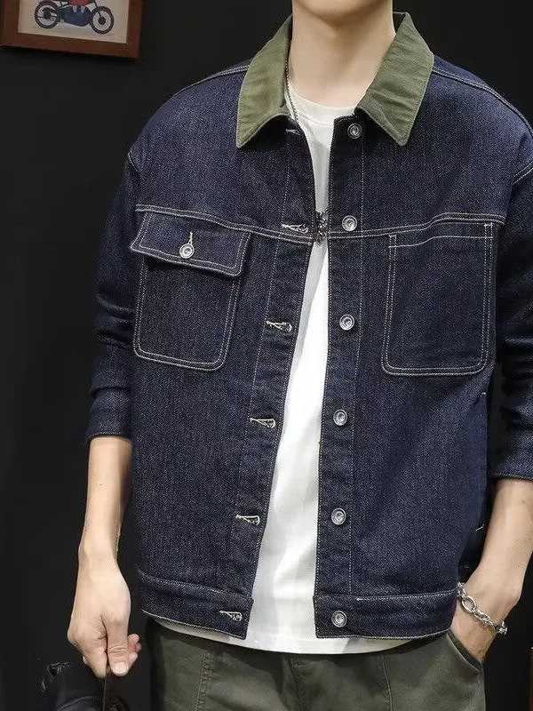 Classic American Retro Washed Denim Jacket Men's Spring Autumn Loose Collar Workwear Jacket Casual Fashion Urban Outdoor