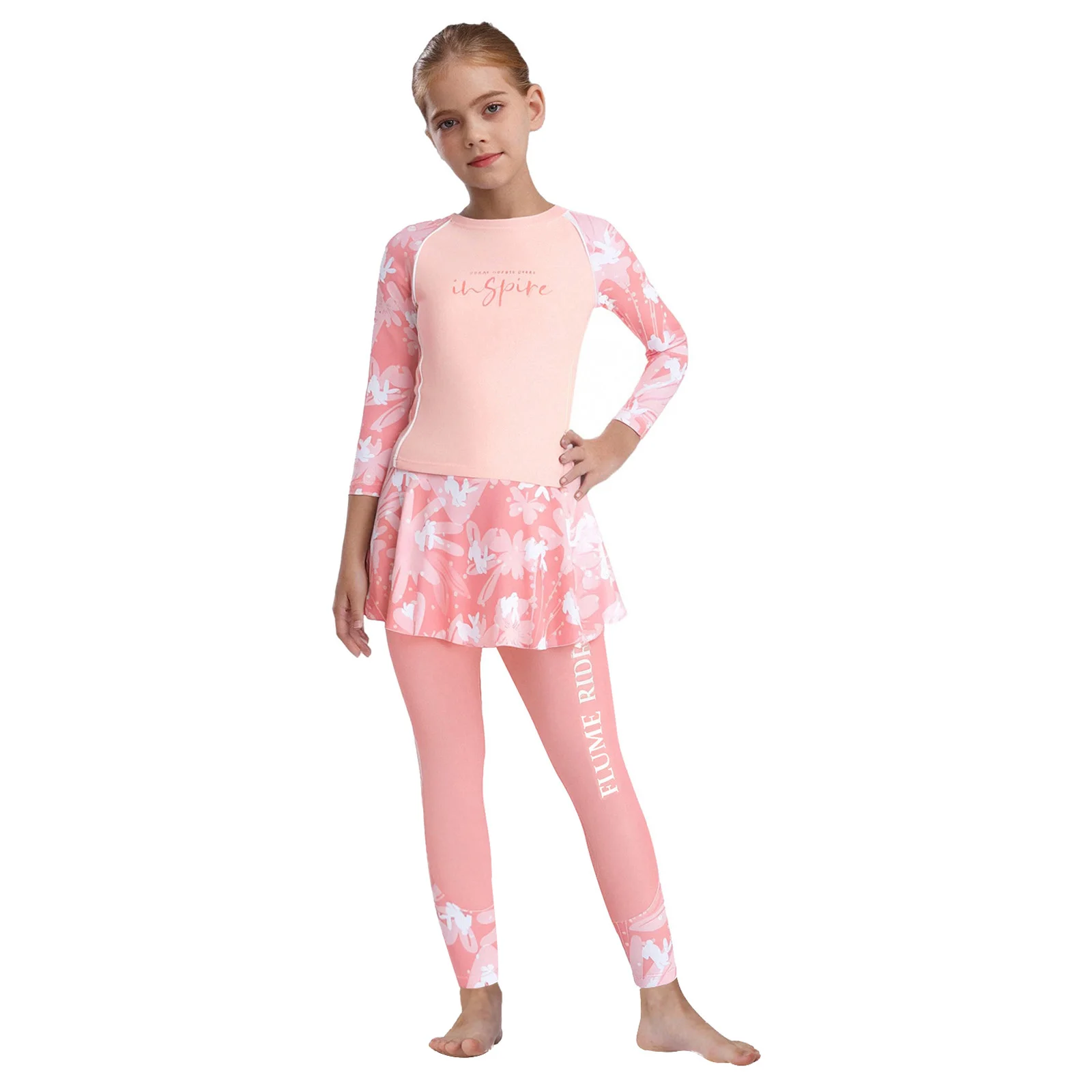 

Girls 2-Piece Rash Guard Swimsuit Long Sleeve Floral Print Swim Top with Drawstring Pantskirt Set Bathing Suit Beach Swimwear