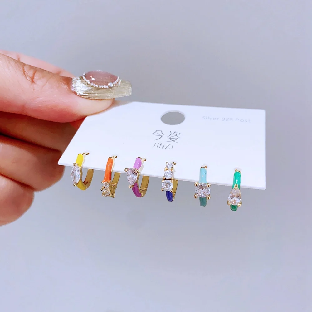 1 Set Mixed Colorful Enamel Crystal Huggie Hoop Earrings for Women Gold Color Plated Cubic Zircon Jewelry