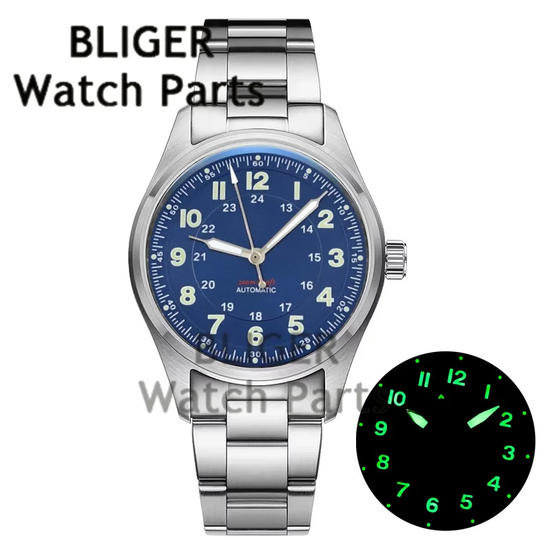 BLIGER New Blue Dial Men's Automatic Mechanical Pilot Watch 100M Waterproof Green Luminous Stainless Steel Watches reloj hombre