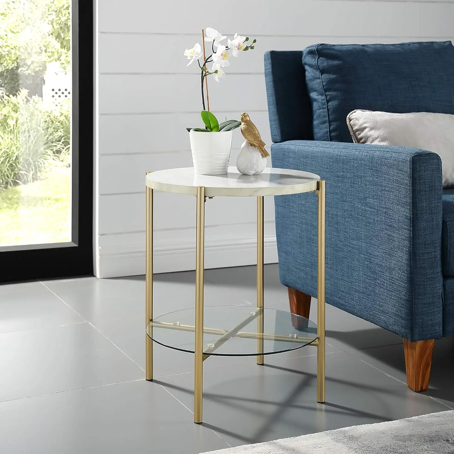 Mid moderno mármore e vidro redondo acento tabela, ouro mármore e ouro, 20"