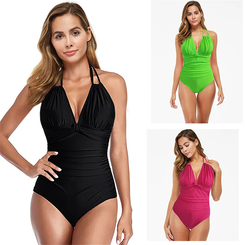 2024 nuovo costume da bagno intero da spiaggia da donna per coprire la pancia e disegnare nella pancia a sottile scollo a v appeso al collo swimsui