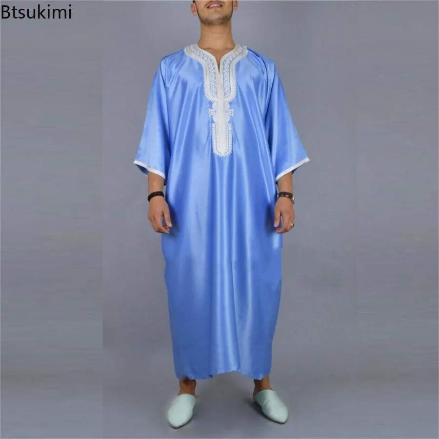 2025 New Kaftan Muslim Men Clothes Moroccan Short Sleeve Robe Ethnic Style Embroidery Loose Casual Robe for Islamic Caftan Homme