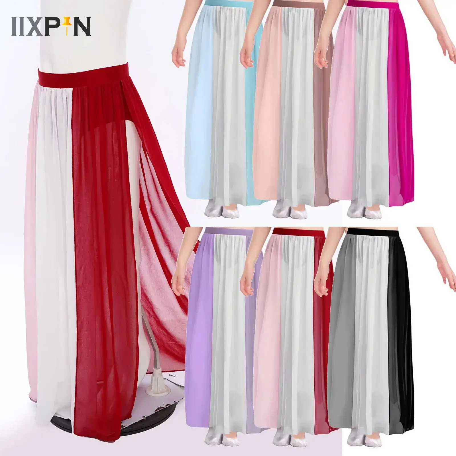 

Kids Lyrical Dance Skirt Girls Modern Dance Stage Performance Costume Color Block Split Flowy Chiffon Long Skirt Ballet Dress