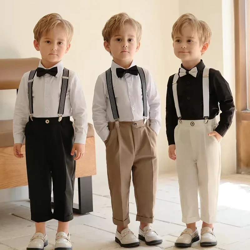 

New White Handsome Boys Suits for Weddings School Chorus Groups Performance Outfits 3 4 6 Y Children Suspender Pants Set Summer