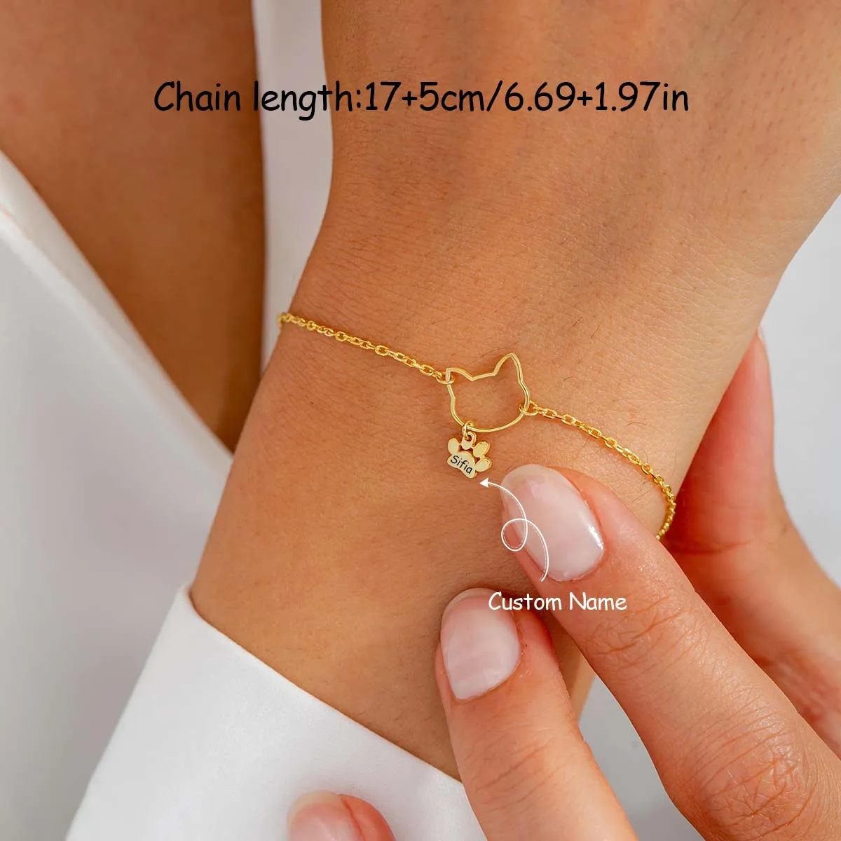 

Cat Face with Engraved Paw Print Bracelet, Jewelry for Pet Lovers, Birthday Gift, Custom Name / Initial Bracelets, Mother's Day