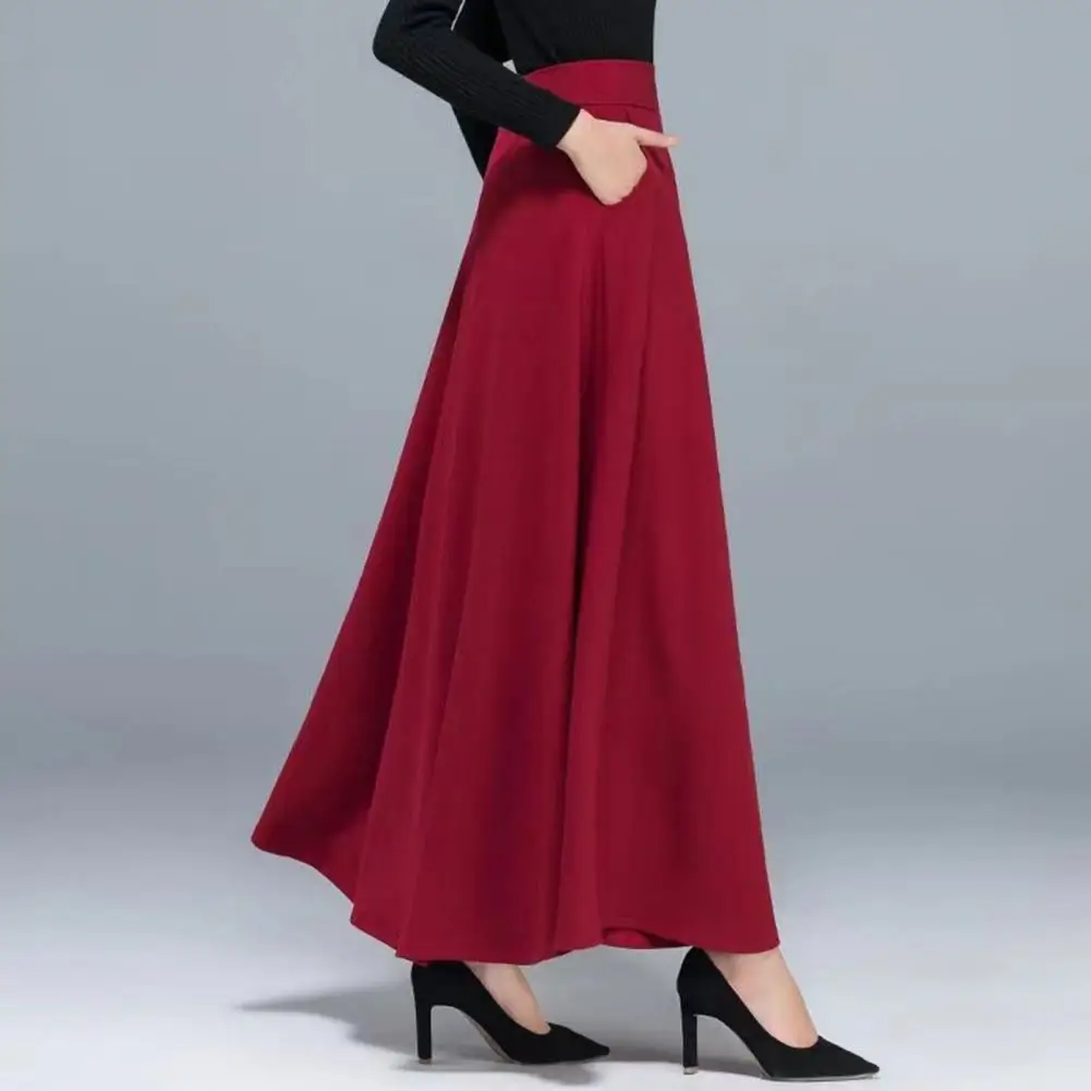 

Maxi Skirt High Waist A-Line Long Skirt with Pockets Breathable Slimming Large Hem Design Office Lady Skirt