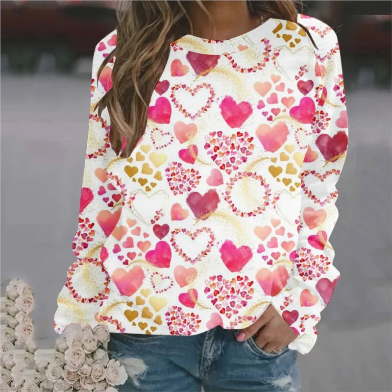 Autumn Pullover Tops For Ladies New Love Print Round Neck Streetwear Fashion Loose Casual Commuting Female's Sweatshirts In 2024