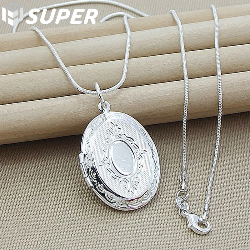 

925 Sterling Silver Oval Round Photo Frame Pendant Necklace 18/20-28/30 Inch Snake Chain For Woman Man Wedding Jewelry