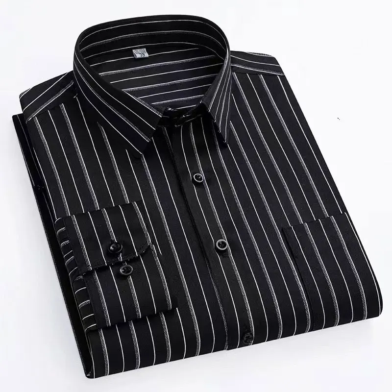 5XL Spring and autumn new men\'s social striped long-sleeved shirt daily business light luxury free perm breathable slim big size