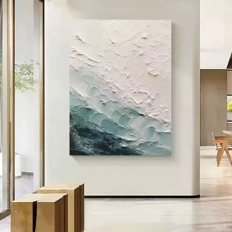 Sea Wave Blue and White Texture Texture Hanging Painting, Pure Handmade Canvas Oil Painting,Wall Hanging Picture for Living Room