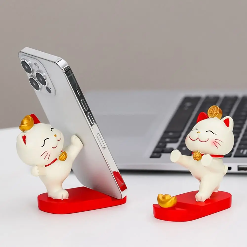 Kawaii Lucky Cat Phone Holder Exquisite Mini Resin Lucky Cat Ornament Romance Durable Chinese Style Animal Figurine Living Room