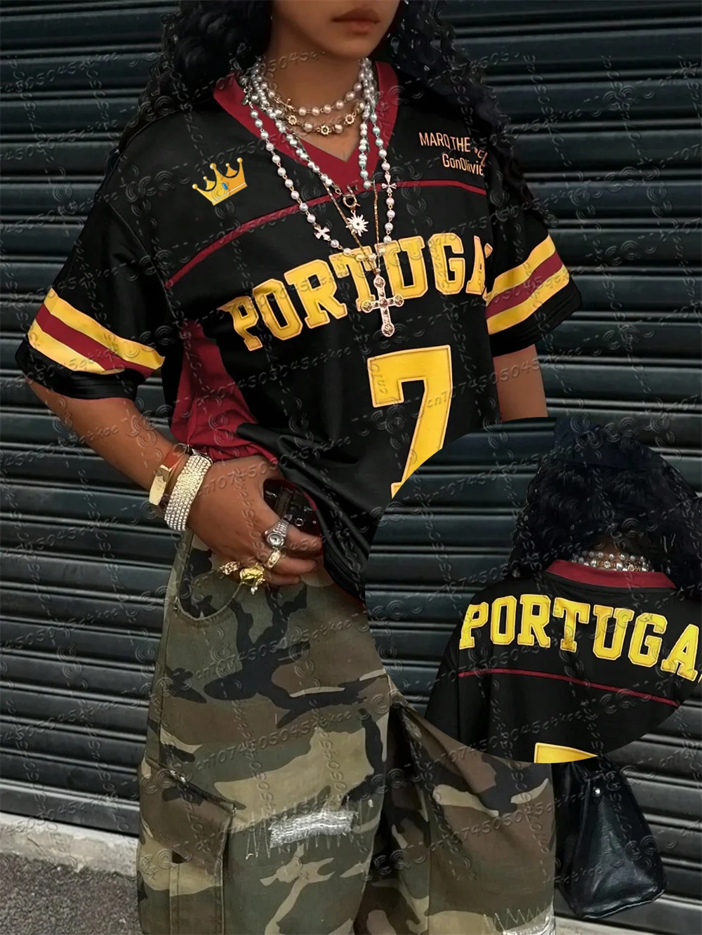 

Summer Women'S Contrasting Color Jersey T-Shirt PORTUGAL Letter Printed Short Sleeved V-Neck Loose Fashion Street Versatile Top