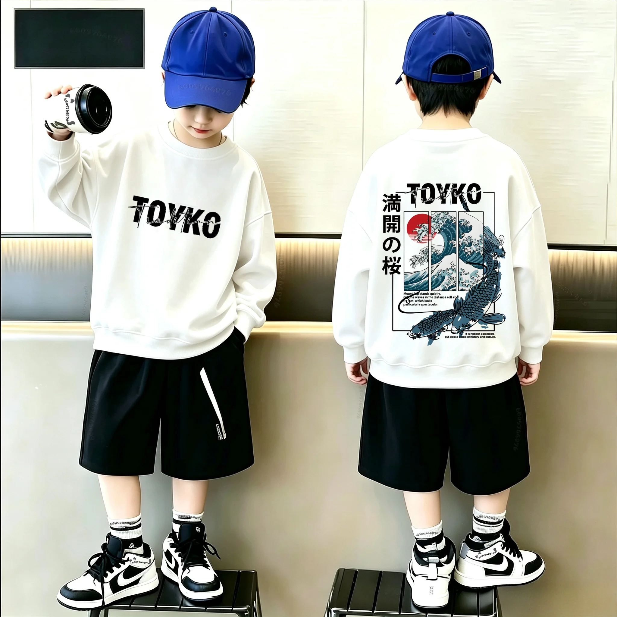 Latest children's casual loose-fitting hoodie with trendy cartoon wave and fish print. Warm winter and autumn pullover hoodie.
