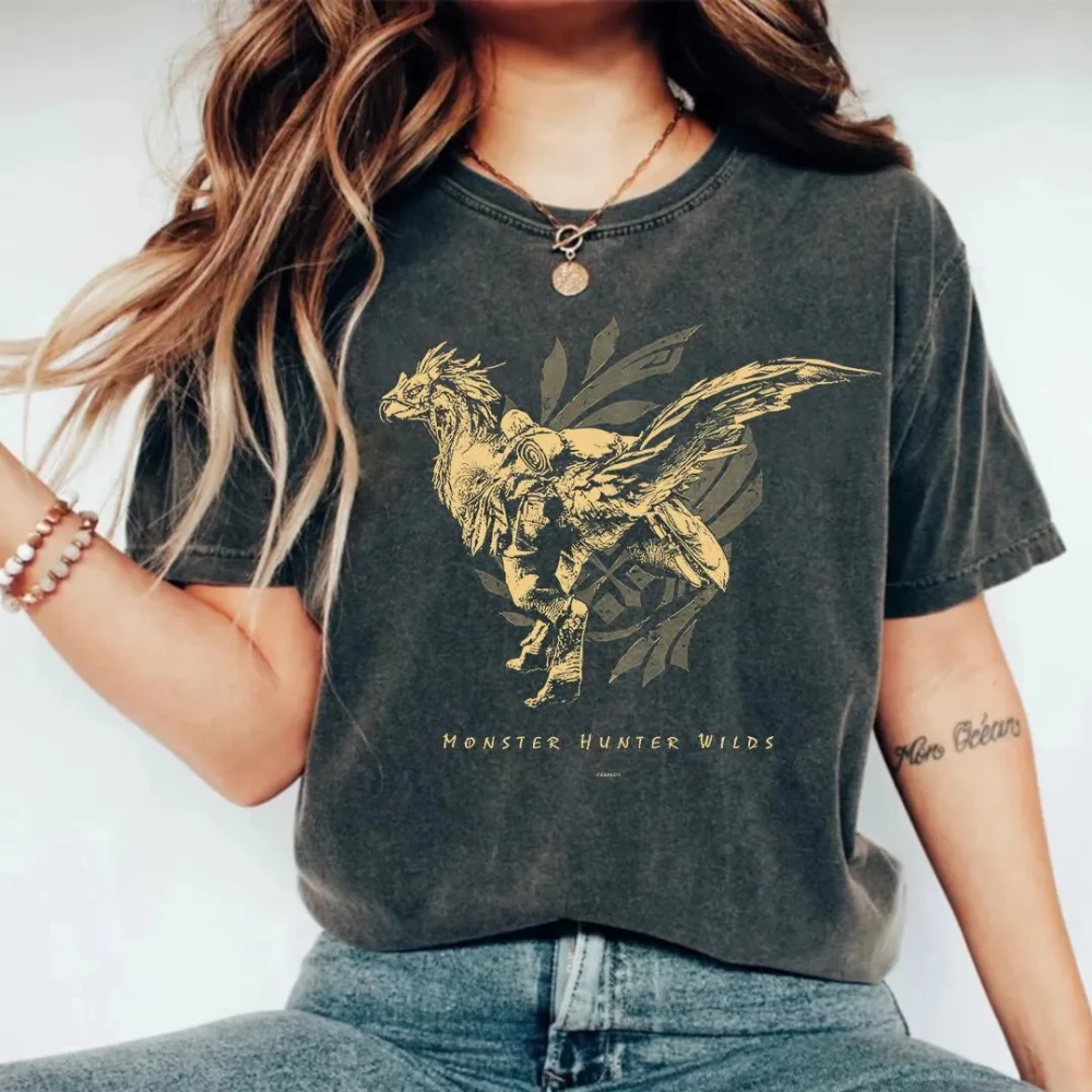 Monster Hunter Wilds Camisa Rathalos Camiseta dorada Capcom MH Rise MH Mundo 90s Vintage Gamer Regalo Doshaguma Hombres Mujeres Toda la temporada Negro