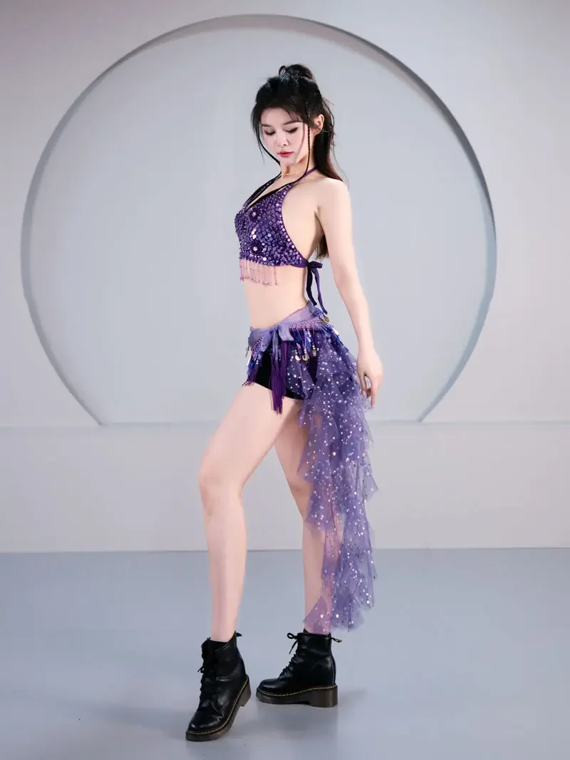 Sexy Butterfly Crop Top 3Pcs Sequins Dance Wear Mini Skirt Women Clothes Jupe Femme Belly Dance Skirts Ladies Faldas Performance