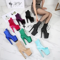 Satin Velvet 20cm/8inch Pole Dance Ankle Boots Sexy Stripper Platform Heels Round Toe Women Lace up Zip Roman Knight Boot Lady