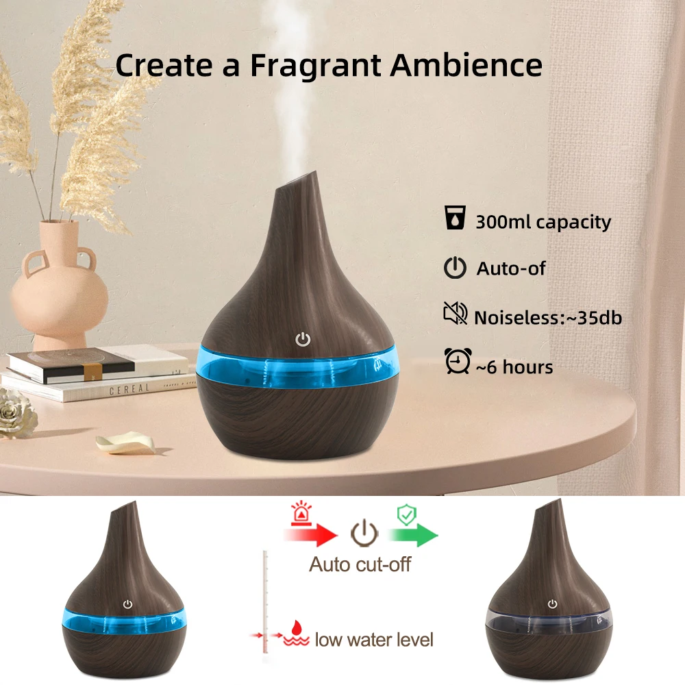Humidificador USB portátil de 300 ml y difusor de aromaterapia 2 en 1 para el hogar, la oficina y los viajes, incluye aceites esenciales, Pe ultra silencioso