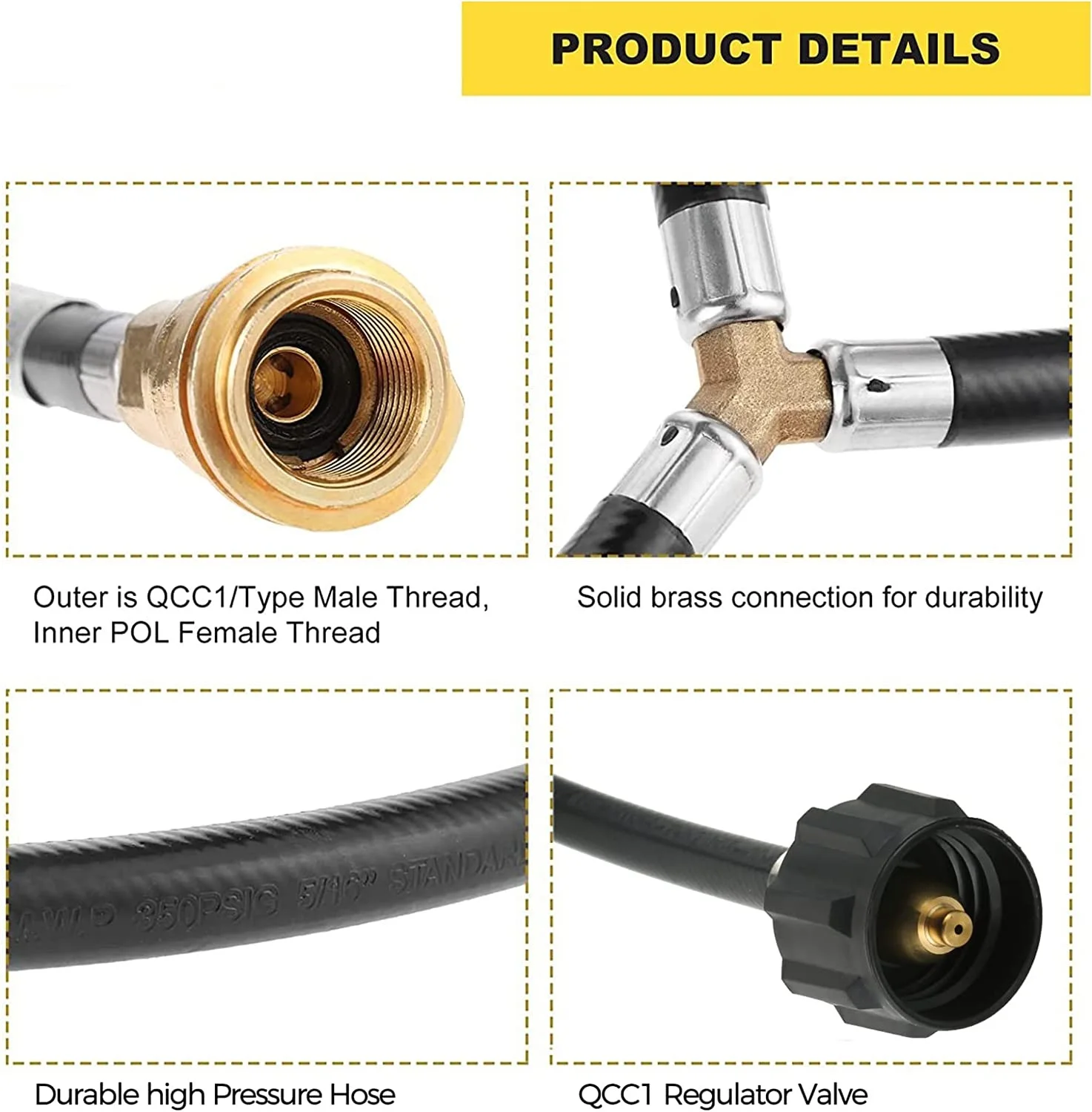1set Propane Y Splitter 2-Way Hose Converter Pipe with Gauge Universal Qcc1/Type1 Inlet & POL/QCC1 Exit  Connect Tank Grill