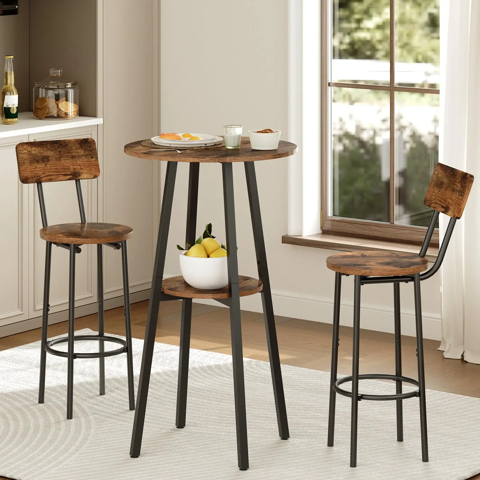 

3-Piece Round Bar Table And Chairs Set With Backrest Rustic Brown Industrial Style