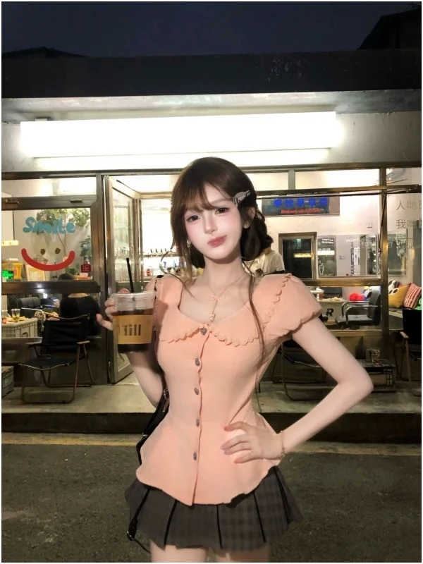 

Летний комплект в стиле школьной формы для похудения: розовая рубашка-топ и плиссированная юбка в клетку, модный женский костюм из двух предметов