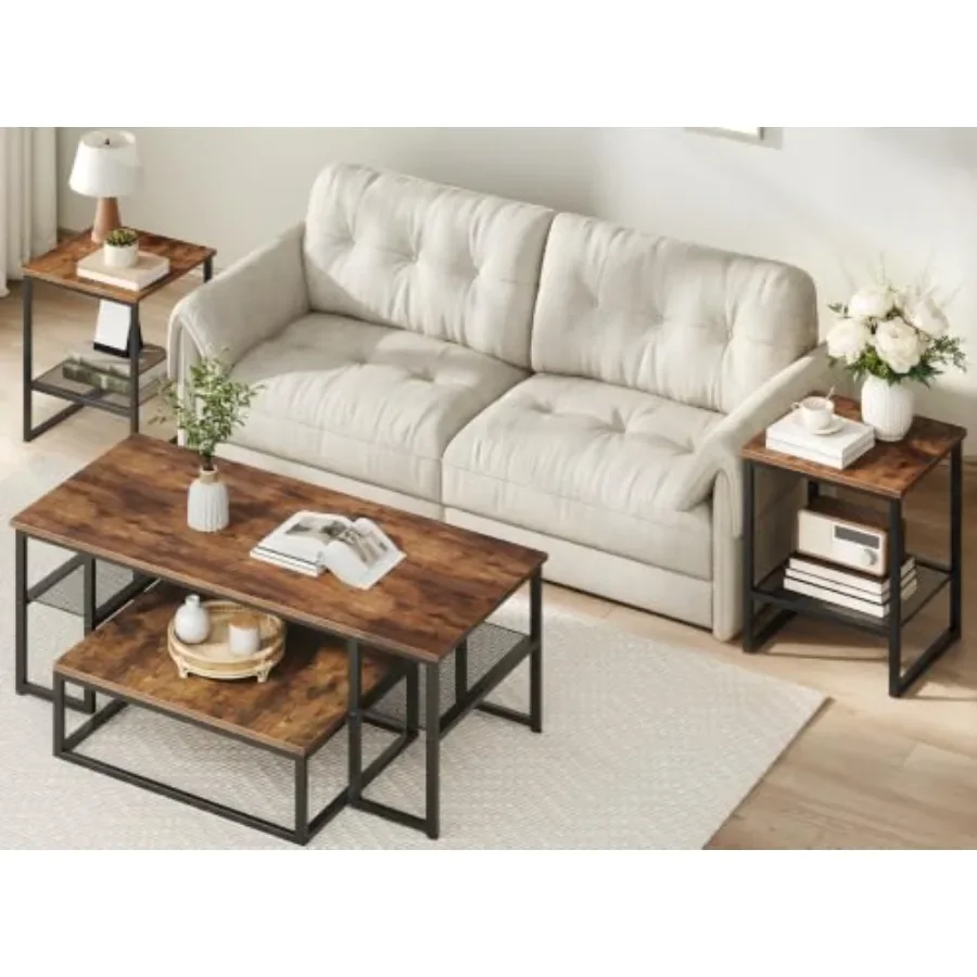 Nesting coffee table set of 4 for living room: metal frame, matte black finish, space-saving design with smooth glide mechanism