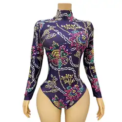 Sparkly Rhinestones Long Sleeve Leotard for Women Sexy Performance Dance Costume Singer Dancer Stage Wear Nightclub Bodysuit