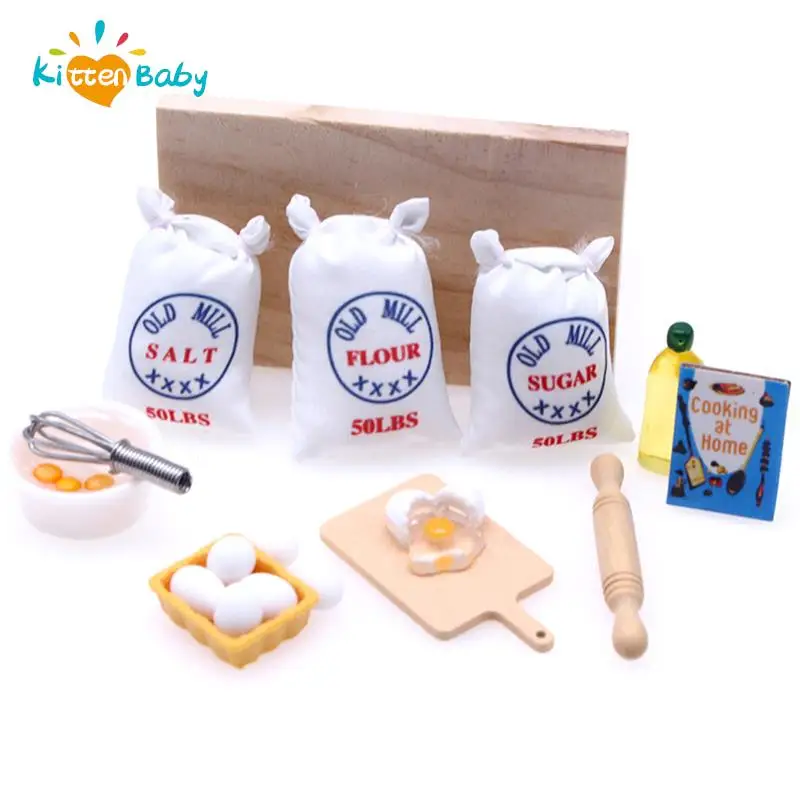 1:12 Scale Miniature Dollhouse 3 Bags Flour & 1 Wooden Rolling Pin & Egg-whisk Play Mini Kitchen Toys Miniatura Food Accessories